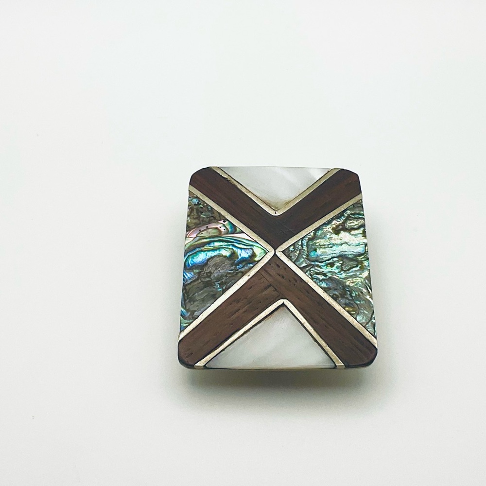 VINTAGE MEXICAN Geometric X Alpaca Silver Wood, Shell & Abalone 70s Belt Buckle